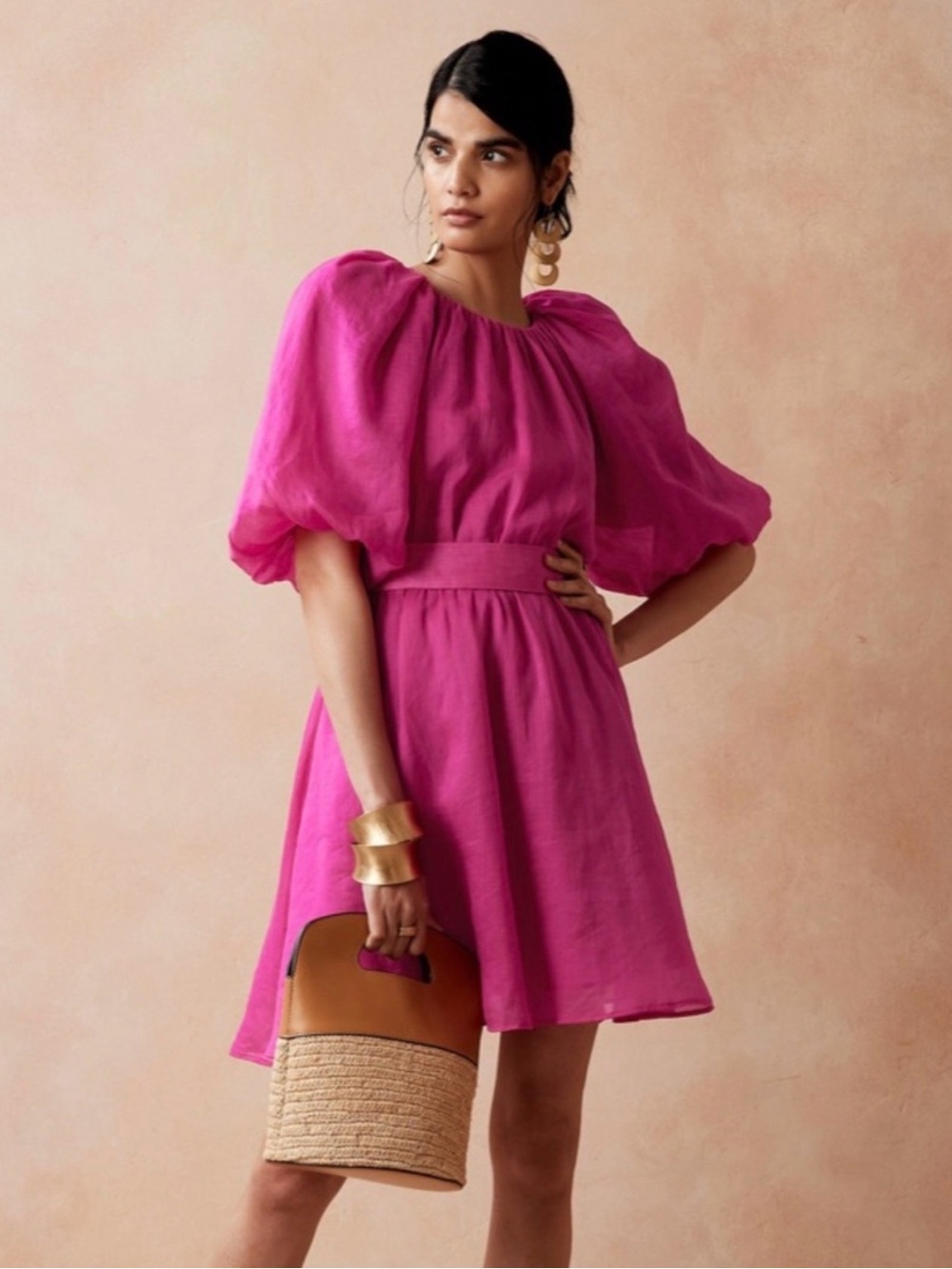 Banana Republic NWT Ramie Open Back Mini Dress Puff Sleeve Waist Tie Pink